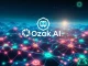 Ozak AI logo superimposed over a futuristic AI crypto network, symbolizing its presale and potential growth.