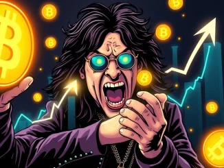 An artistic rendering of Ozzy Osbourne's iconic silhouette against a backdrop of surging crypto charts, symbolizing the OZZY memecoin's phenomenal rise.
