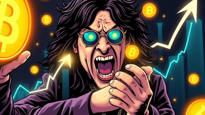 OZZY Memecoin Unleashes Explosive 16800% Surge Amidst Ozzy Osbourne Tributes An artistic rendering of Ozzy Osbourne's iconic silhouette against a backdrop of surging crypto charts, symbolizing the OZZY memecoin's phenomenal rise.