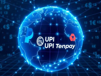 PayPal Cross-Border Payments: A digital network connecting continents with UPI and Tenpay logos, symbolizing seamless global transactions.