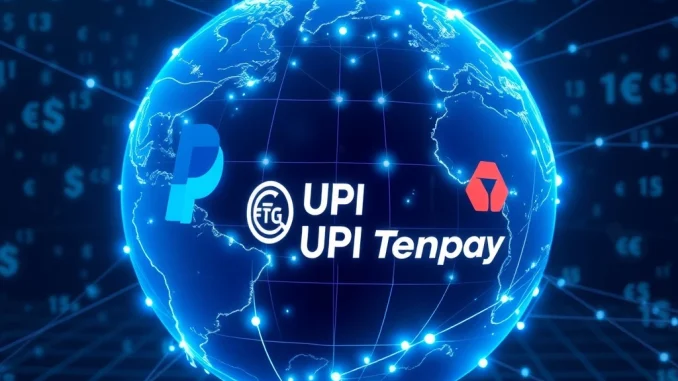 PayPal Cross-Border Payments: A digital network connecting continents with UPI and Tenpay logos, symbolizing seamless global transactions.