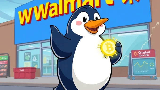 PENGU token's historic surge fueled by Walmart partnership and Pudgy Penguins NFT toys, symbolizing crypto retail integration.