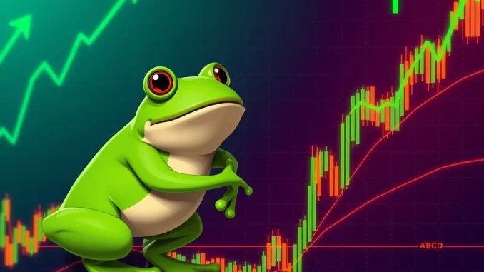 A PEPE frog character overlaid on a crypto chart showing a bullish ABCD pattern, illustrating PEPE's potential upside.