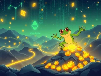 An energetic PEPETO meme coin frog character leaping over a growing stack of Ethereum tokens, symbolizing the successful $5.5M presale and Ethereum ecosystem growth.