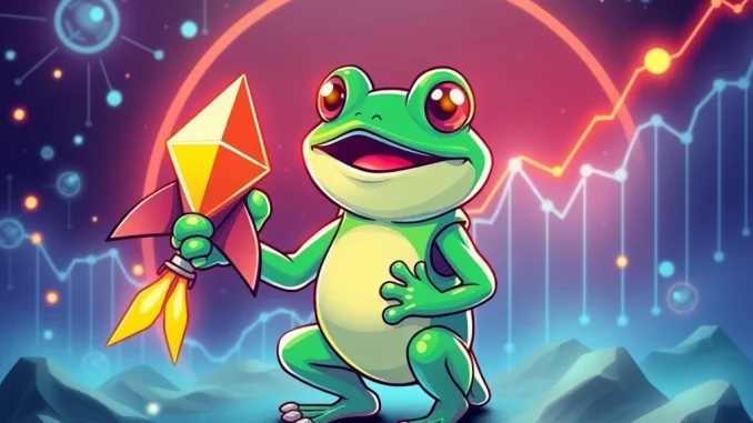 Pepeto presale mascot launching a crypto rocket with Ethereum blockchain backdrop