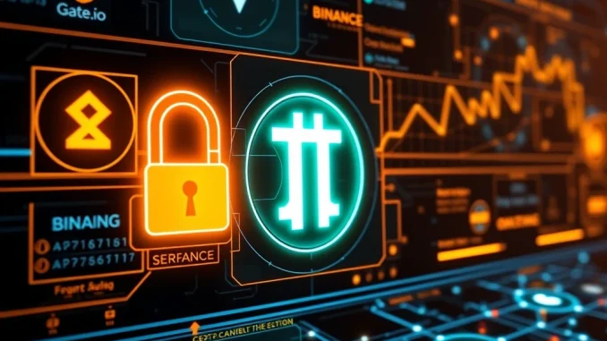 A digital representation of the Pi Network logo surrounded by security symbols and exchange icons, highlighting Pi Network's 2FA alert and upcoming exchange listings.