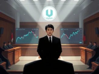 PICA Coin fraud allegations: A K-pop star in a Seoul courtroom with declining crypto charts, symbolizing the ongoing legal crisis and Upbit delisting.