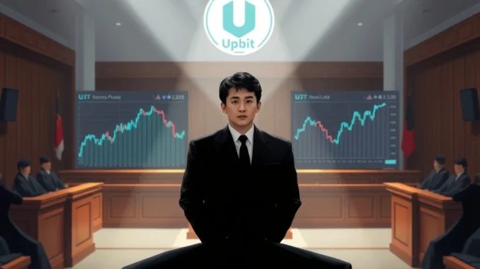 PICA Coin fraud allegations: A K-pop star in a Seoul courtroom with declining crypto charts, symbolizing the ongoing legal crisis and Upbit delisting.