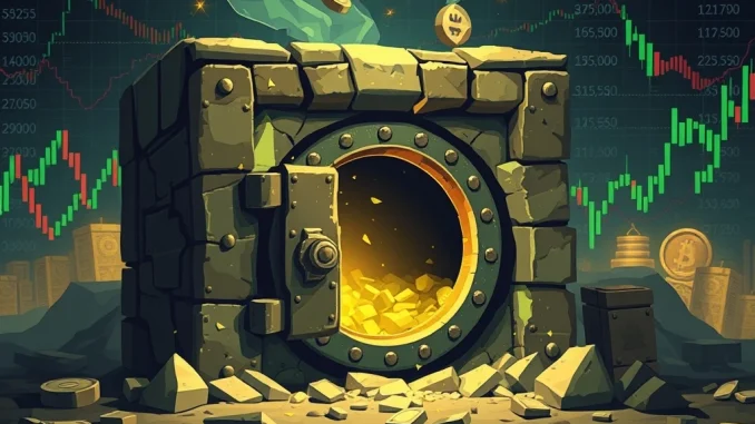 A fractured pixelated vault representing Pixel Vault's struggles in the volatile NFT market, symbolizing the urgent need for Web3 sustainability.