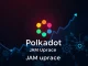 A vibrant Polkadot (DOT) price chart showing an upward surge, overlaid with abstract representations of the JAM upgrade's blockchain scalability and innovation.