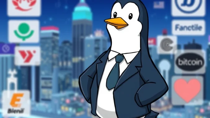 Pudgy Penguins character denying OpenSea acquisition rumors, focusing on exciting NFT partnerships and Web3 brand strategy.