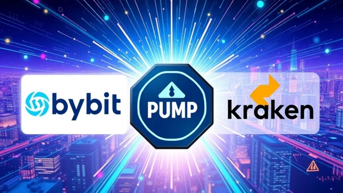 Visualizing the significant Bybit and Kraken crypto exchange listings of the PUMP token, signaling new trading opportunities.