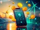 Smartphone displaying a Bitcoin cloud mining interface, powered by AI and renewable energy, offering passive crypto income.