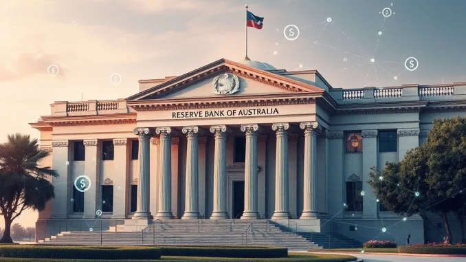 The Reserve Bank of Australia building with digital overlays, symbolizing their pioneering digital currency trials and exploration of stablecoins and CBDCs.