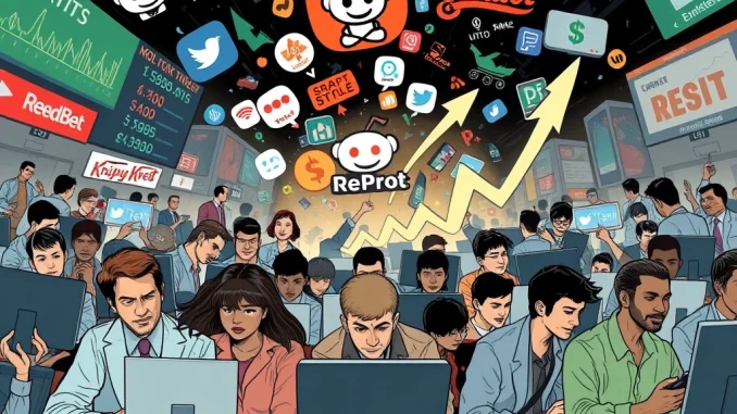 Retail Traders Unleash Explosive Short Squeeze as GoPro and Krispy Kreme Soar A group of retail traders on their devices, celebrating a successful short squeeze, with stock charts soaring, representing the power of coordinated retail traders.