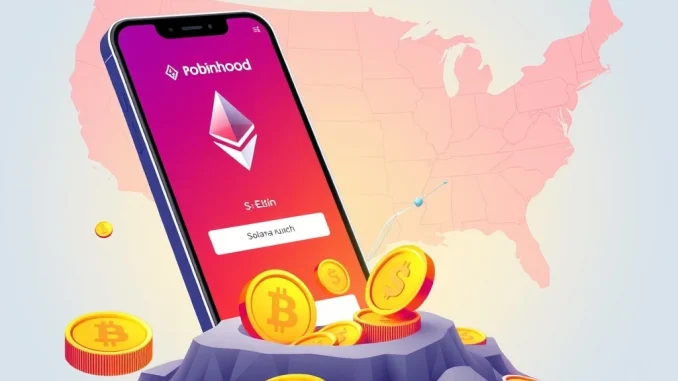 Robinhood staking interface showing ETH and SOL coins, symbolizing the launch of their new crypto staking services in the US.