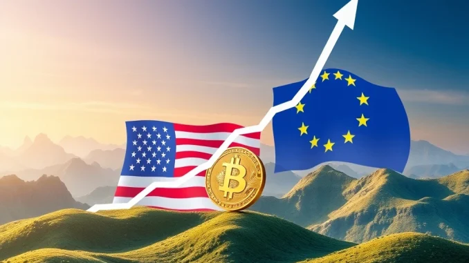 S&P 500 Skyrockets Past 6,400: US-EU Tariff Deal Ignites Massive Market Rally and Bitcoin's Ascent An upward trending S&P 500 chart overlaid with US and EU flags, representing the market rally sparked by the US-EU tariff deal and its positive impact on Bitcoin.