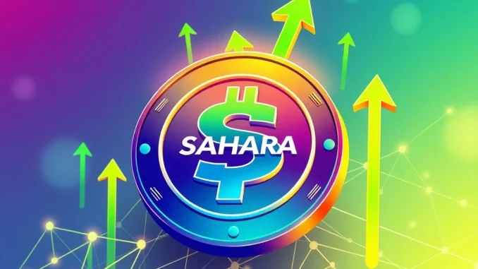 SAHARA crypto token experiencing an explosive price surge on a digital chart, symbolizing rapid growth and market excitement.