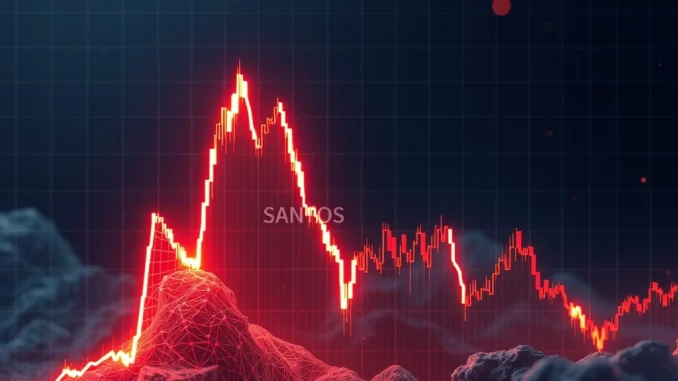 Chart showing a drastic SANTOS price drop, highlighting extreme crypto market volatility.