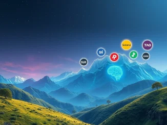 An AI analyzing crypto charts, highlighting Solana and other altcoin leaders, symbolizing potential growth in the next crypto cycle.