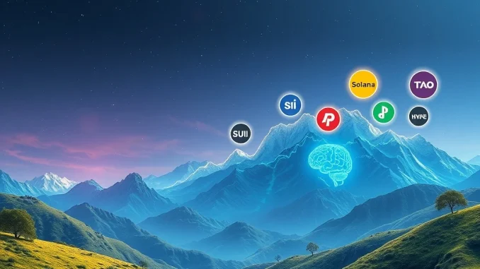 An AI analyzing crypto charts, highlighting Solana and other altcoin leaders, symbolizing potential growth in the next crypto cycle.