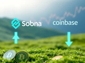 A digital representation of the Solana blockchain logo alongside the Coinbase logo, with arrows pointing downwards, symbolizing the muted market reaction to new Solana listings.