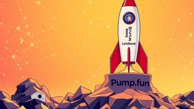 A visual representation of the Solana Launchpad power shift, showing LetsBonk ascending as Pump.fun declines, symbolizing market dominance.