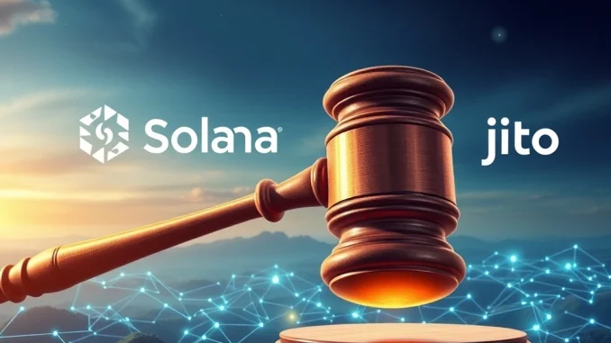 Gavel striking down on a blockchain network, symbolizing the Solana lawsuit and its implications for DeFi.