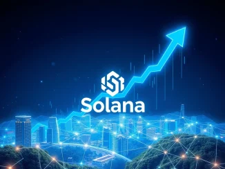 A digital representation of Solana's blockchain network with an upward trending graph, symbolizing the optimistic Solana price prediction towards $700 by 2025, driven by real-world asset integration.