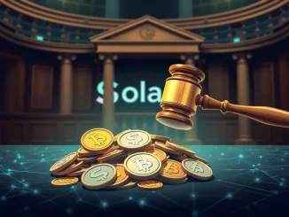 A digital gavel poised over a blockchain network, representing the significant Solana lawsuit against Pump.fun's alleged meme coin gambling operation.