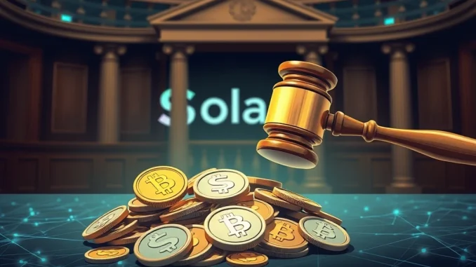 A digital gavel poised over a blockchain network, representing the significant Solana lawsuit against Pump.fun's alleged meme coin gambling operation.