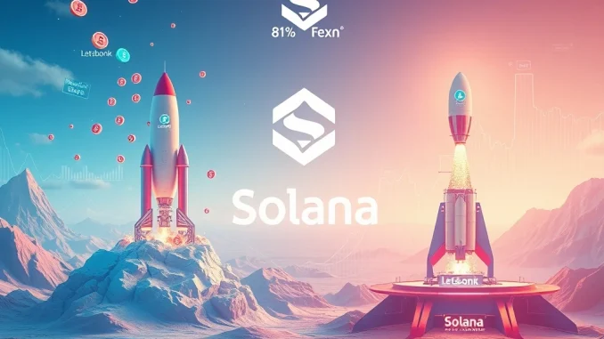 A visual representation of the Solana token launch market shift, showing Letsbonk's dominant rise over Pump.fun.