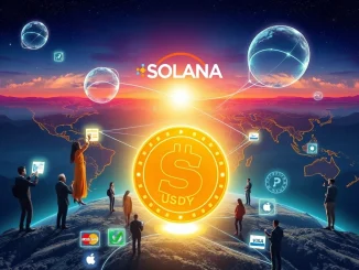 Solana blockchain facilitating global access to USDY tokenized treasuries through Alchemy Pay, symbolizing financial inclusion and growth.