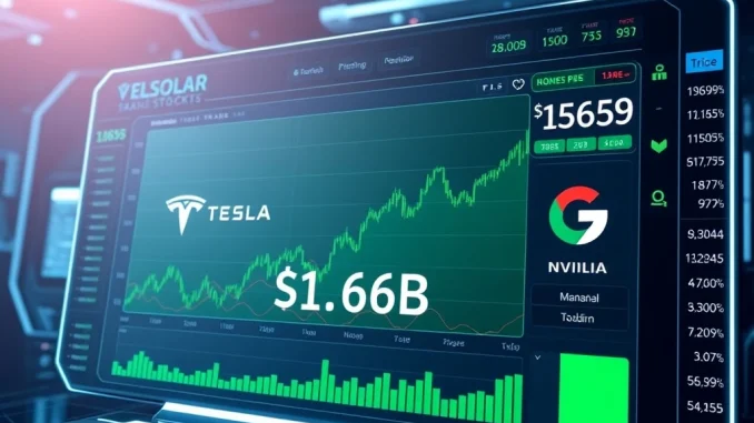 Solana xStocks trading dashboard showing $1.66B volume and top holdings like Tesla and NVIDIA.