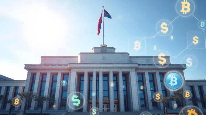 South Korea government building with cryptocurrency symbols overlay representing stablecoin policy discussions.