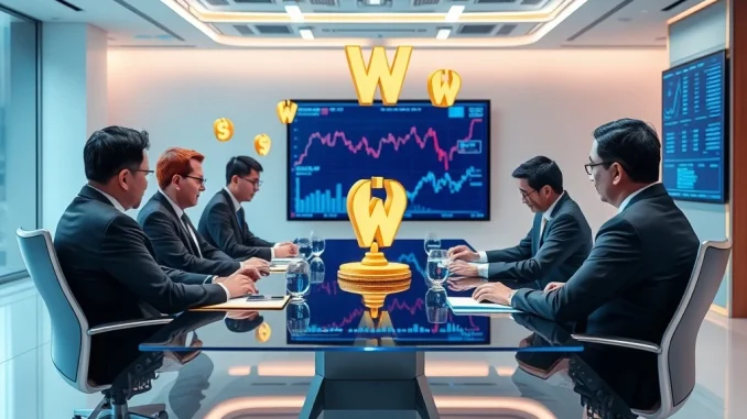 South Korea officials discussing won-based stablecoin regulations in a high-tech meeting room