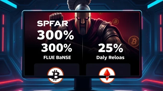 Spartans crypto gaming platform offering 300% welcome bonus and 25% daily reloads
