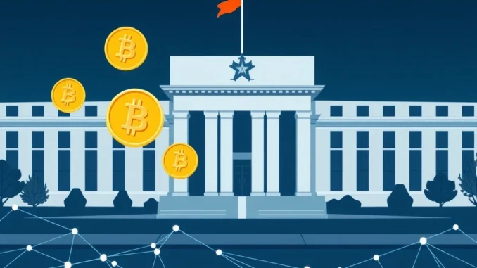 Federal Reserve building with digital stablecoins flowing into a secure, modernized financial system, highlighting their crucial role in digital payments.