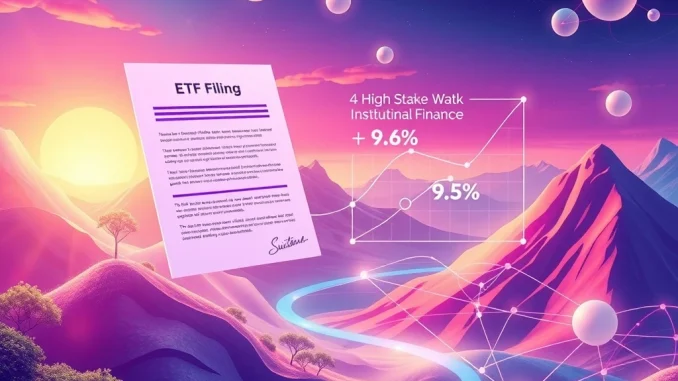 A dynamic visualization of Sui Network's ecosystem growth, highlighting the SUI ETF filing and attractive crypto staking opportunities.