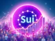 Sui network's user surge depicted by upward arrows and diverse user icons, highlighting its rapid growth and blockchain momentum.