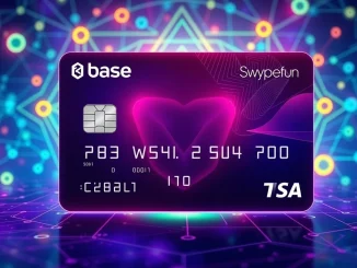 A vibrant Swype.fun crypto credit card bridging traditional payments with decentralized finance, enabling users to spend without selling their digital assets.