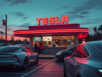 A futuristic Tesla Diner, showcasing charging stations and Optimus robots, symbolizing Tesla's bold brand strategy pivot.