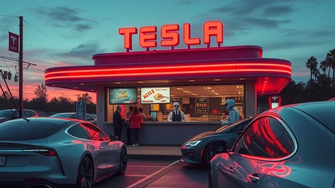 Revolutionary Tesla Diner: A Bold Brand Strategy Pivot Amidst EV Sales Decline A futuristic Tesla Diner, showcasing charging stations and Optimus robots, symbolizing Tesla's bold brand strategy pivot.