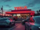 A futuristic Tesla Diner, showcasing charging stations and Optimus robots, symbolizing Tesla's bold brand strategy pivot.