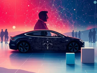 Elon Musk presenting the crucial Tesla xAI investment decision to a crowd of shareholders, highlighting AI integration.