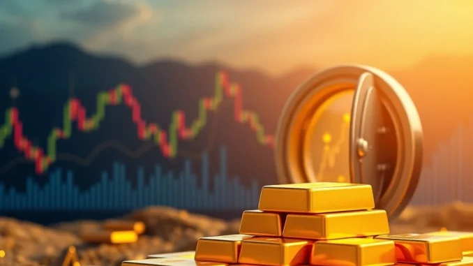 A visual representation of Tether Gold (XAUt) surging, showing digital charts alongside physical gold bars, illustrating the fusion of blockchain and traditional assets driven by central bank gold demand.