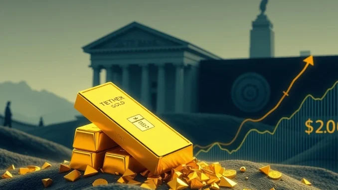 Tether Gold (XAUt) tokens merging with physical gold bars, illustrating its market surge driven by central bank gold buying.