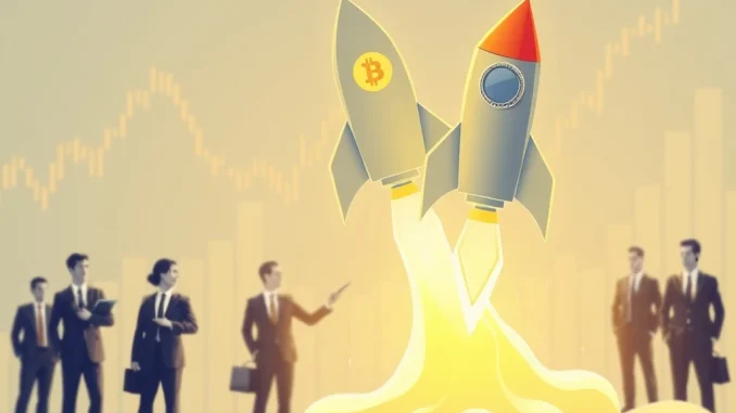 THE cryptocurrency symbol soaring like a rocket amid financial charts and institutional investors