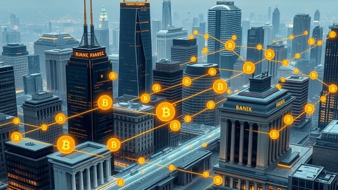 Illustrates the **tokenized funds** revolution, showing traditional finance buildings seamlessly connected to blockchain networks, symbolizing the secure integration of digital assets.