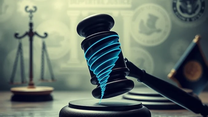 Tornado Cash Probe: Unprecedented DOJ Scrutiny Alarms Dragonfly Capital and DeFi Sector A gavel striking down on a digital Tornado Cash symbol, representing the severe legal implications of the DOJ investigation for Dragonfly Capital and the DeFi sector.